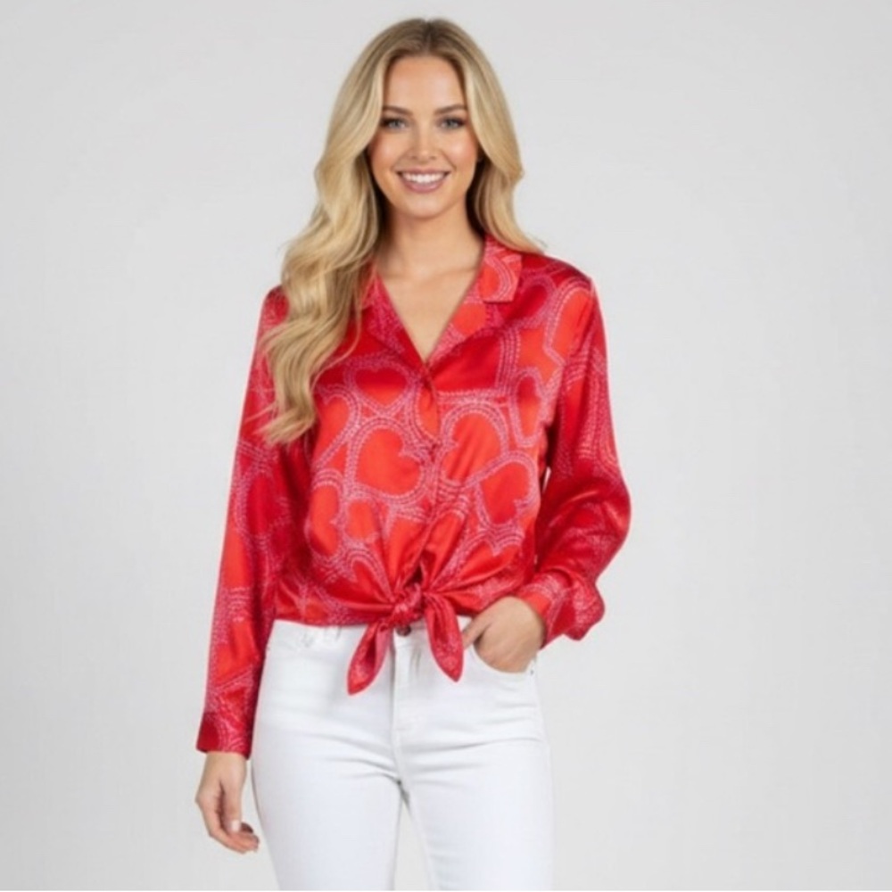 BAILEY 44 Satin Heart Print Valentine’s Button Up Tie Front Blouse Size XL